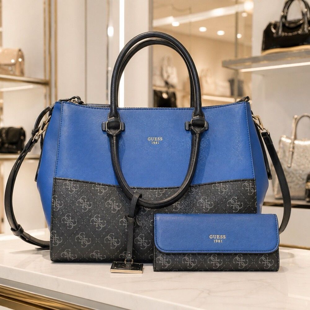 Guess Cobalt Blue Hailey Satchel Handbag and Matching Wallet Set Gold Hardware